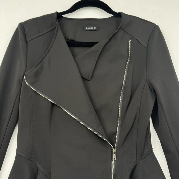 Obsession Black Peplum Moto Jacket Asymmetrical Zip Stretch Biker Edgy Sz Medium - Image 3