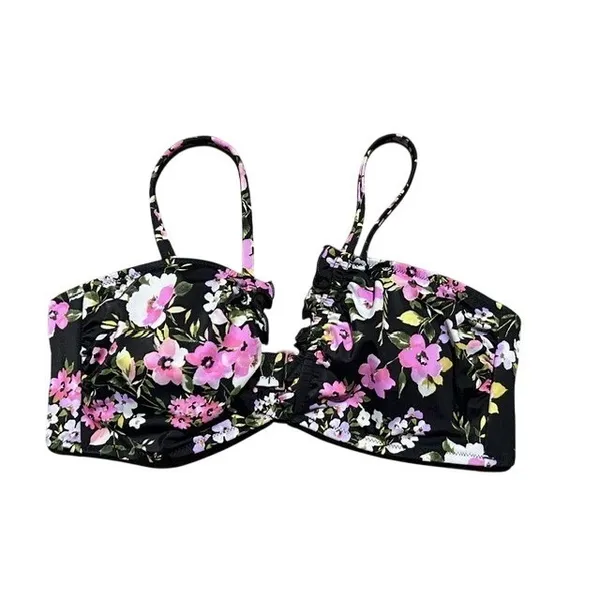 Shade & Shore‎ Womens Floral Bikini Set Black Pink Ruffle Edge Coquette Medium - Image 13