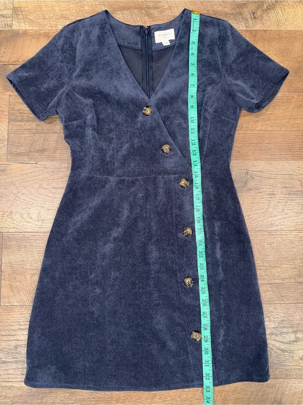 Everly Corduroy Women's Navy Short-Sleeve Button-Front Faux Wrap Dress - Image 8