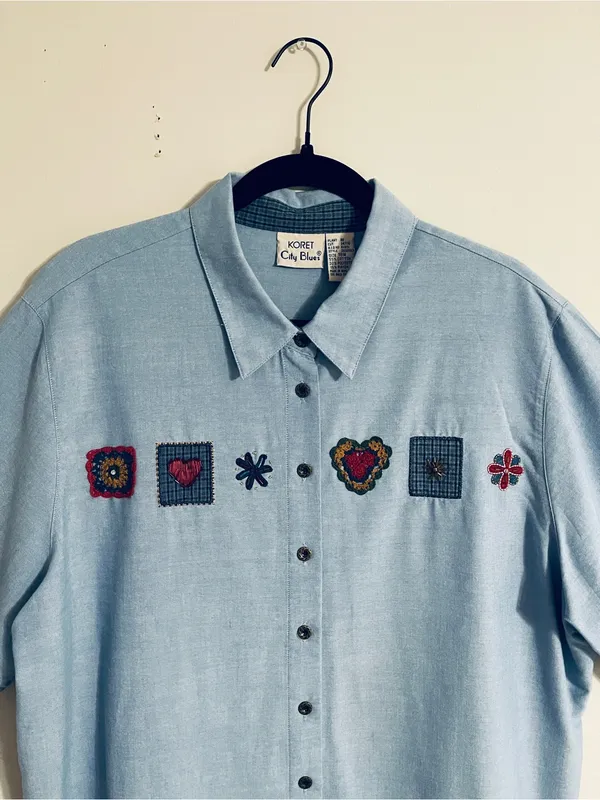 Vtg Koret City Blues Chambray Shirt 18W Embroidery Beads Crochet 90’s Teacher - Image 3