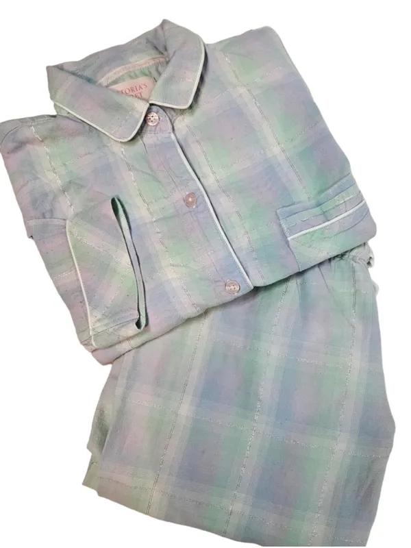 Victoria's Secret Aqua & Purple Pastel Plaid Flannel Pajama Set Women's Small‎ - Image 2