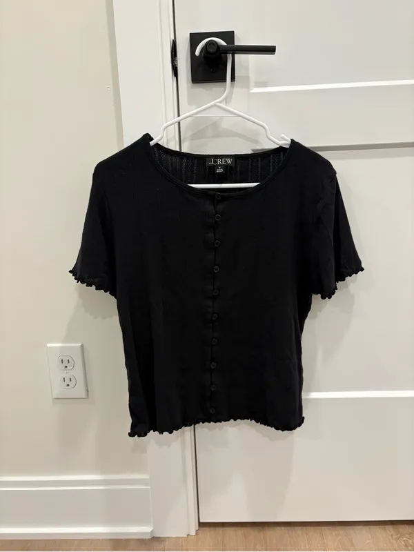 J. Crew Black Short Sleeve Button-Front Top 100%Cotton Size Medium - Image 2