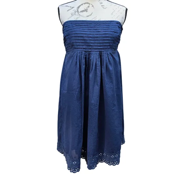 J. Crew Navy Blue Cotton Strapless Eyelet Hem Mini Dress Smocked Back Large‎ - Image 2