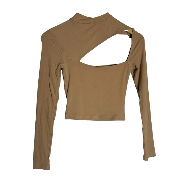 Tiger Mist Tan Beige Long Sleeve Mock Neck Asymmetric Cut Out Rib Cropped Top S - Image 4