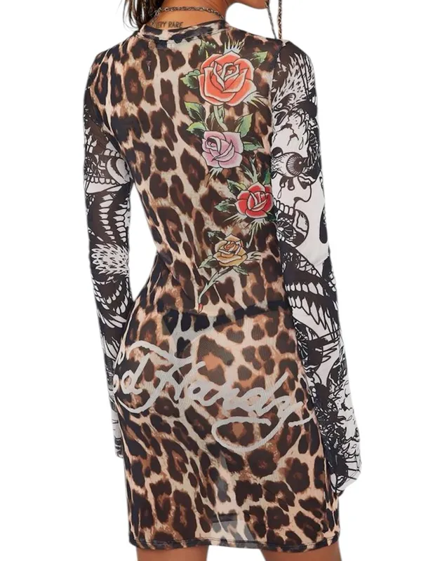 Ed Hardy Cheetah Print Mesh Bodycon Womens 2X Tattoo Logo Y2K 90s Sheer Dress - Image 3