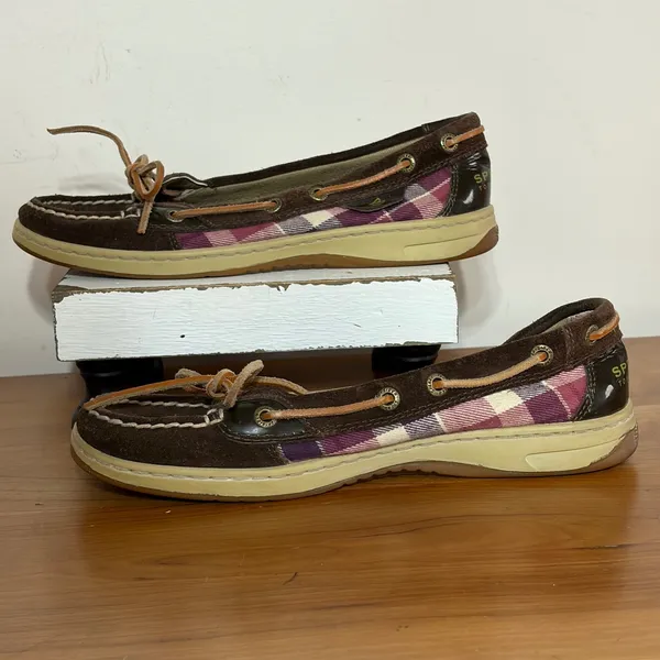 Sperry Top-Sider Women 7M Brown‎ Suede Purple Plaid Boat Shoes Loafers 9102328 - Image 2