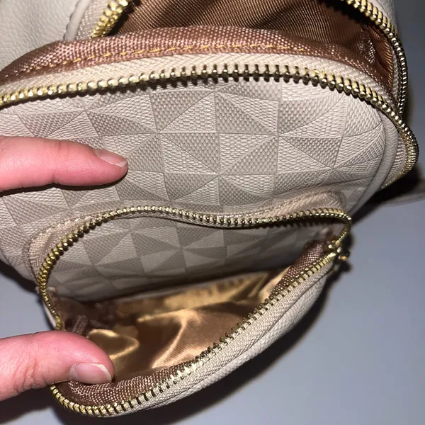 Leathered Cream Sling Crossbody Bag with Gold Accents - Image 8
