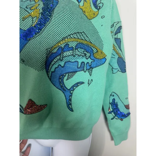 Vintage Style Mint Green Sequin Beaded Fish Knit Crewneck Sweater Large - Image 4