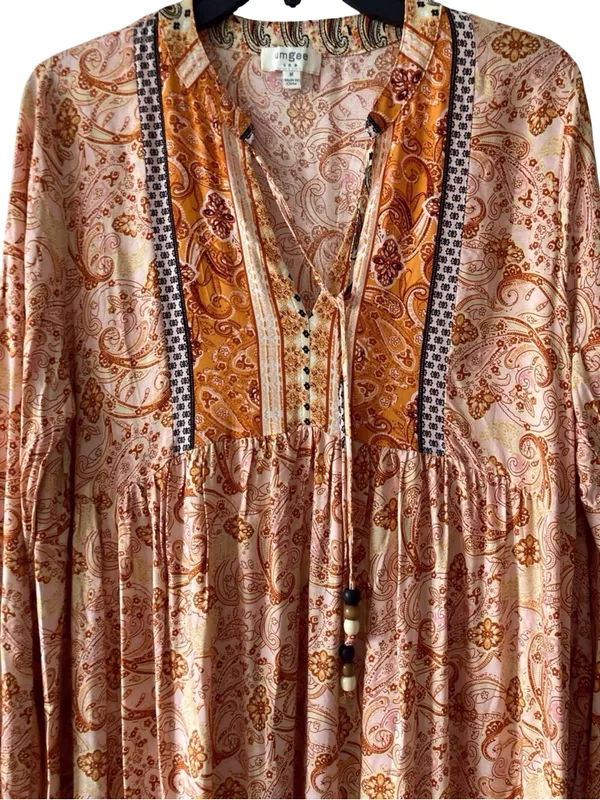 Umgee Boho Paisley Maxi Dress Long Sleeve Tassel Tie V-Neck Size M - Image 4