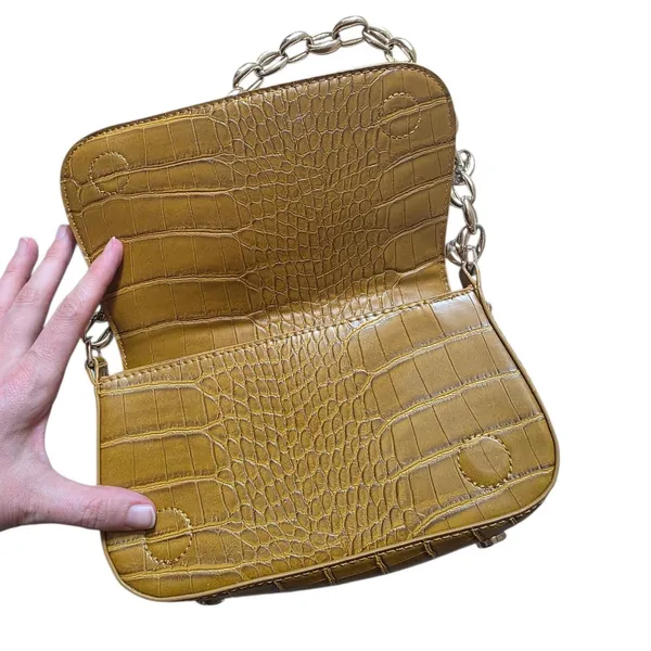 Zara Croc Shoulder Bag Yellow Gold Tone Chain Strap Clean Inside Luxury Travel - Image 5