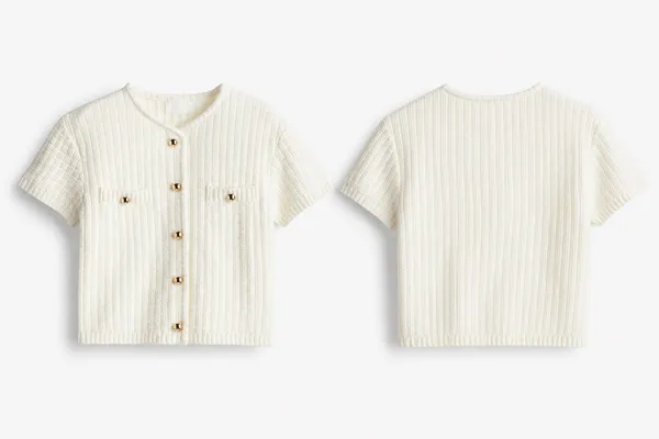 H&M Cream Textured Short-Sleeve Knit Cardigan with Gold Buttons – Size M 🤍 - Image 9