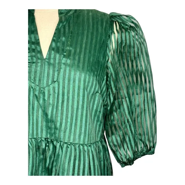 Crown & Ivy Tiered Mini Dress Womens Large‎ Green Striped Puff Sleeve Babydoll - Image 9