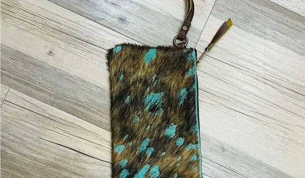 Cowhide Leather Wristlet Clutch W&G Hair Hide Turquoise Acid Wash wristlit purse - Image 2