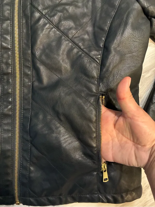 Black‎ Faux Leather Zip Jacket with Gold Hardware - Image 5