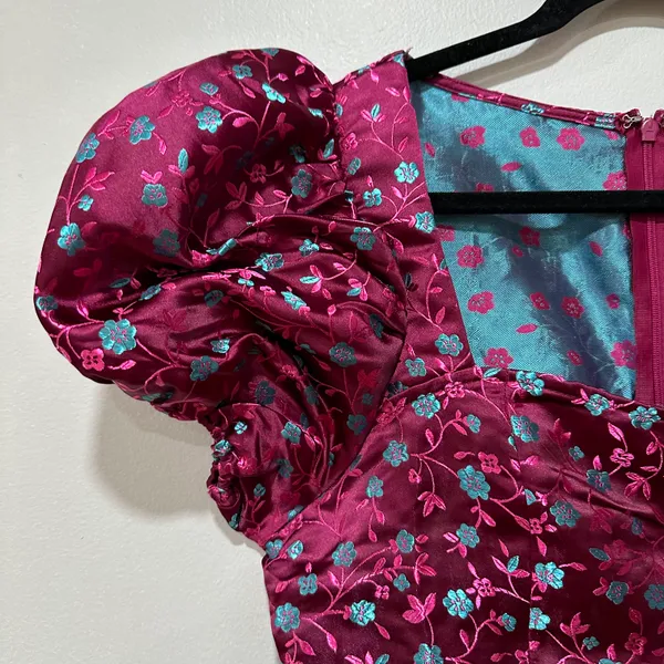 Lulus Always Decadent Magenta Floral Brocade Puff Sleeve Mini Dress Size Medium - Image 6