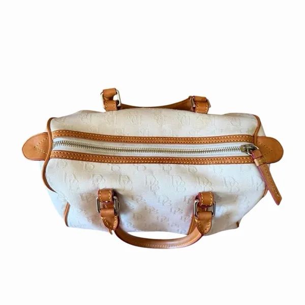 Vintage Dooney & Bourke White Monogram Canvas Barrel Satchel Bag Leather Trim - Image 11