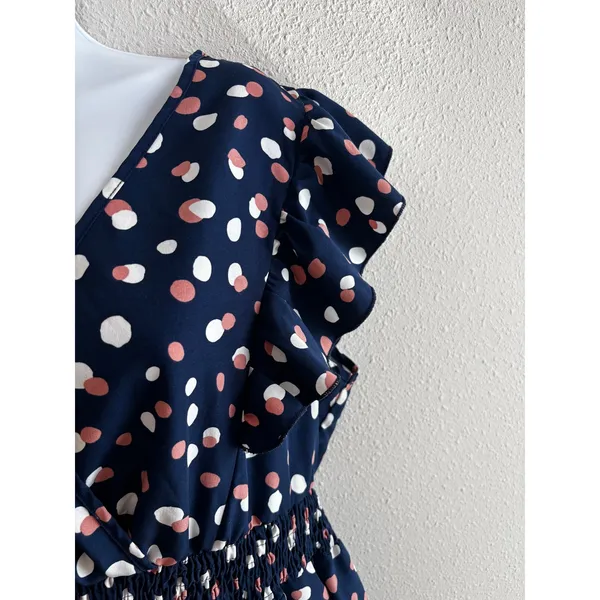 BloomChic Midi Dress Size 10 Navy Blue Polka Dot Ruffle Flutter Sleeve Smocked‎ - Image 3
