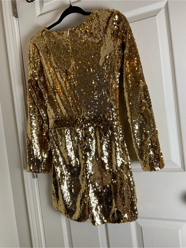 HAODUOYI Gold Sequin V-Neck Long Sleeve Party Romper - Size Medium - Image 8