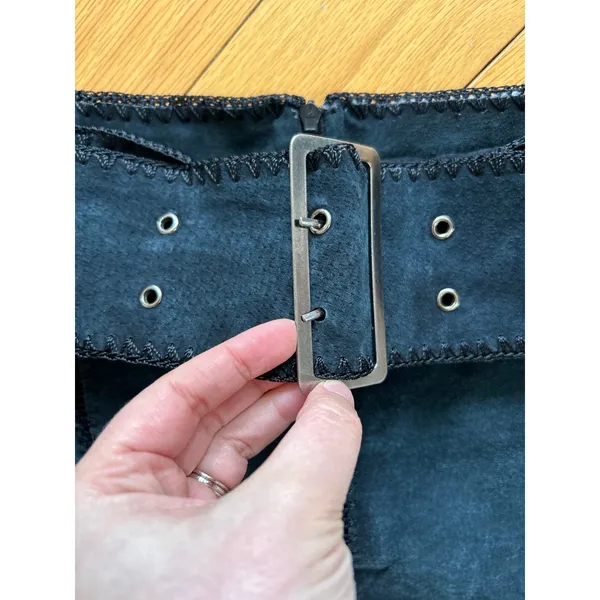 Vintage 90s Black Suede Leather Western Stitch Belted Mini Skirt - Image 3