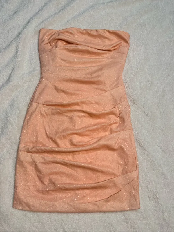 Lovely Day Strapless Peach Mini Dress with Dramatic Back Bow - Image 12