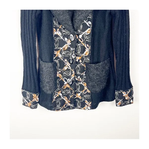 SIONI Black Long Sleeves Embroidered Details Long Sleeves Cardigan Small Boho - Image 12