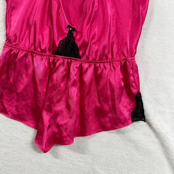 Victoria's Secret M Pink Black Lace Trim Satin Romper Sleep Teddy Lingerie Glam - Image 5