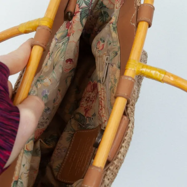 Fossil Bamboo Wooden Handle Woven Satchel Purse Boho Everyday‎ Vacation Travel - Image 5
