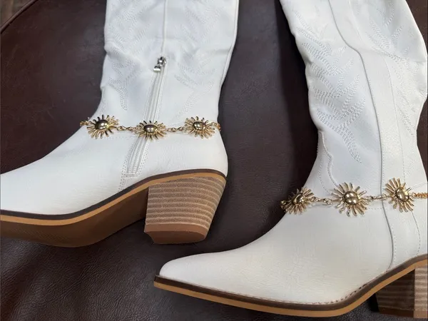 White Western Mid-Calf Heeled Boots with Gold Concho Chain - Image 3
