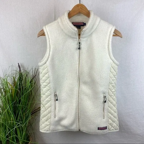 Vineyard Vines White Fleece Quilted Zip Up Sleeveless Vest M - Image 2