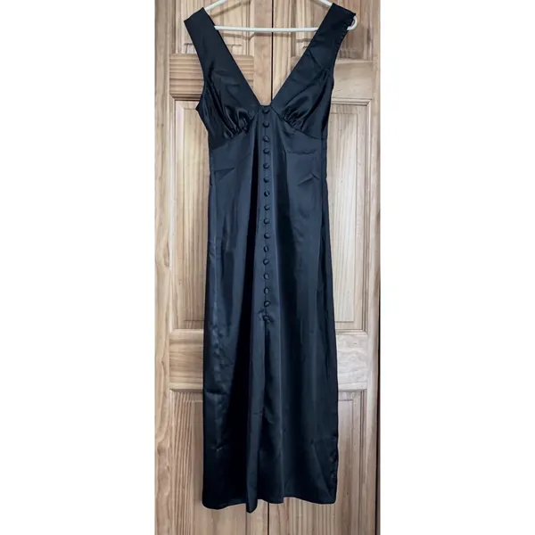 NWOT ASOS DESIGN Black Satin Midi Dress Button Front Deep V Sleeveless US 2 - Image 3