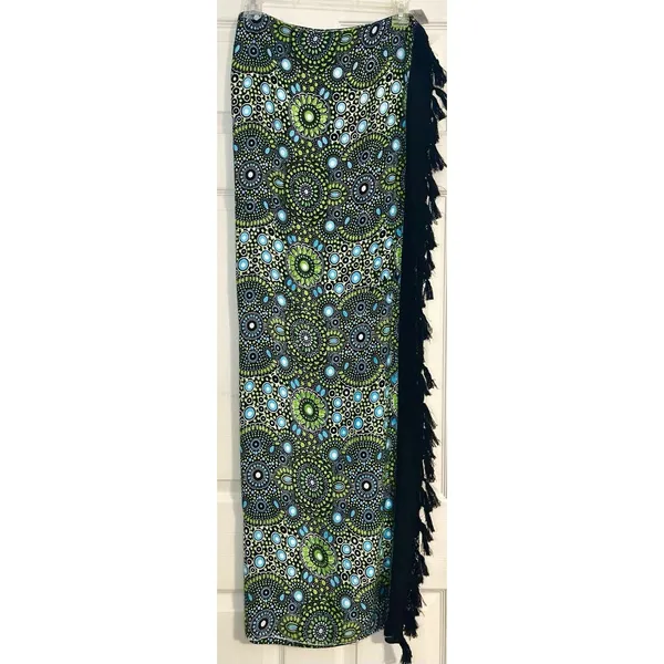 Wayan Natural Wear Sarong Cover Up Lime Green Blue Mandala Fringe Scarf Festival - Image 4