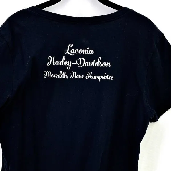 Harley Davidson Motorcycle American Flag Bling V-Neck T-shirt Laconia NH - Image 3