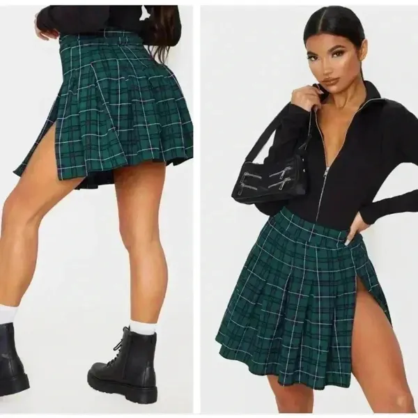 Pretty Little Thing PLT Green Check Tennis Side Split Mini Skirt 12 - Image 2