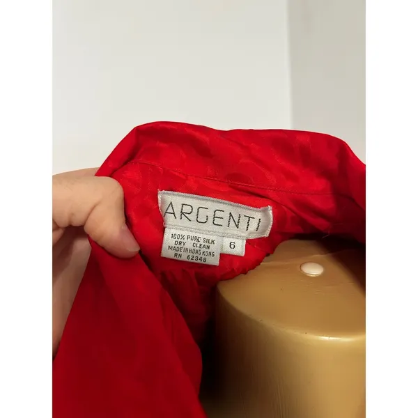 Argenti Vintage Red 100% Silk Jacquard Bow Belted Midi Dress Womens 6 - Image 3