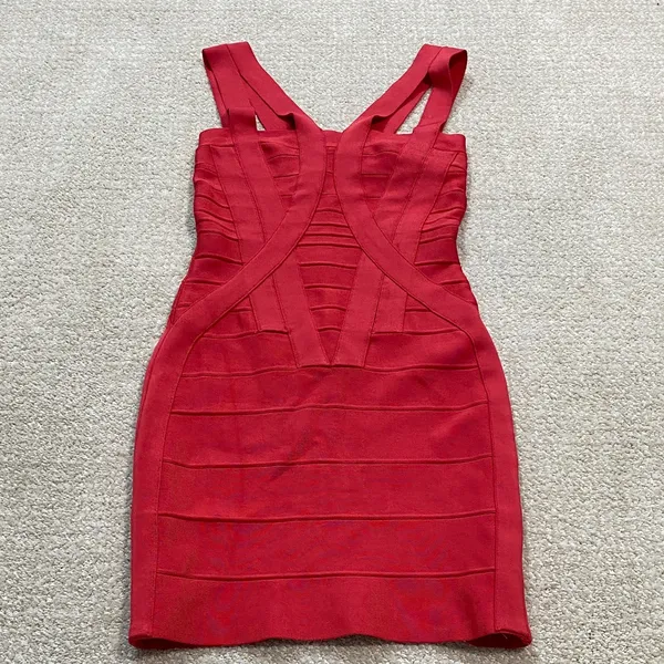 Herve Leger Crimson Strappy Bandage Mini Dress Size S 90% Rayón 9% Nylon - Image 13