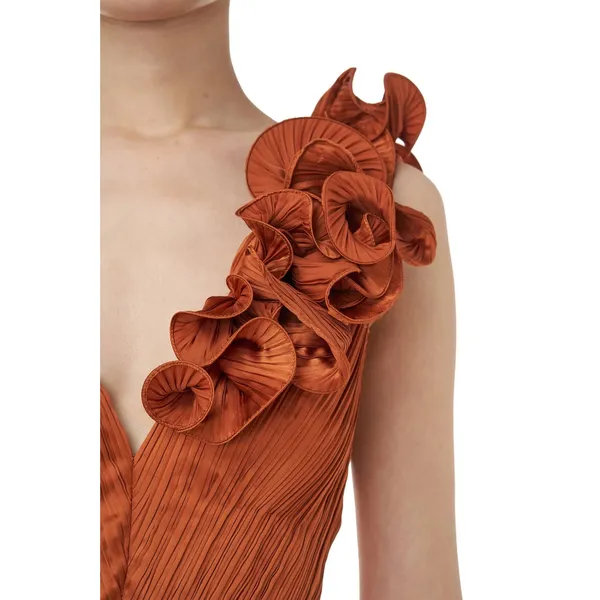 AMUR Aviva‎ Rosette One Shoulder Pleated Gown Copper Size 2 - Image 3