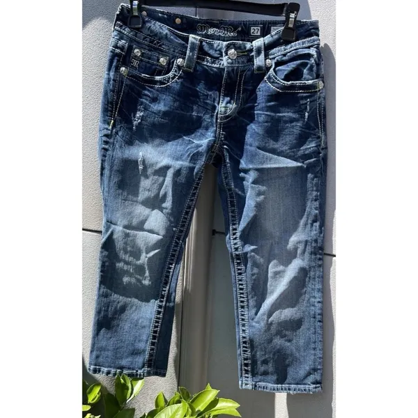 Miss Me Jeans Womens 27 Low Rise Signature Boot Cut Distress Beaded Embroidered - Image 2