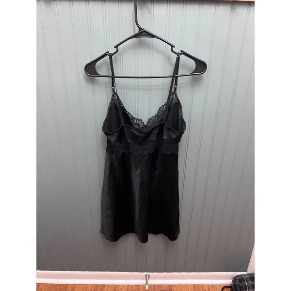 Victoria's Secret Black Satin Lace Trim Chemise Slip Nightgown Large - Image 2