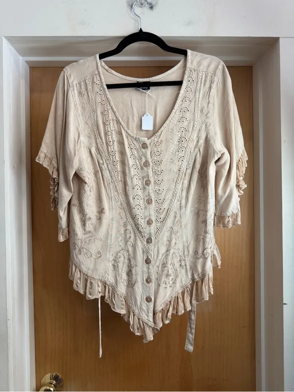 My Choice Women’s Boho Embroidered Tie Waist Ruffle Top-100% Rayon. Size: Large - Image 2