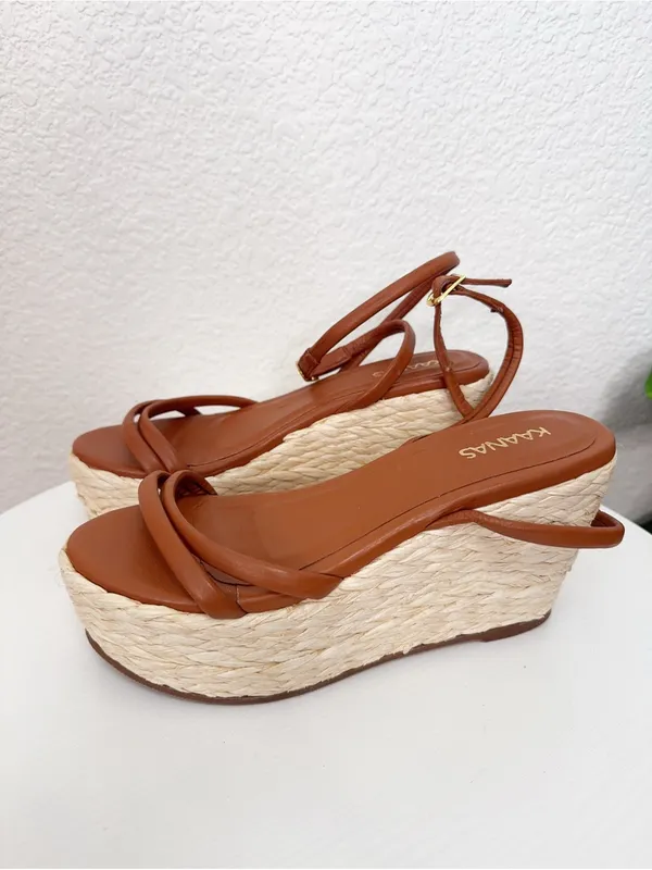 Kaanas Burica Naked Raffia Wedge Brandy Summer Platform Size 6 - Image 3