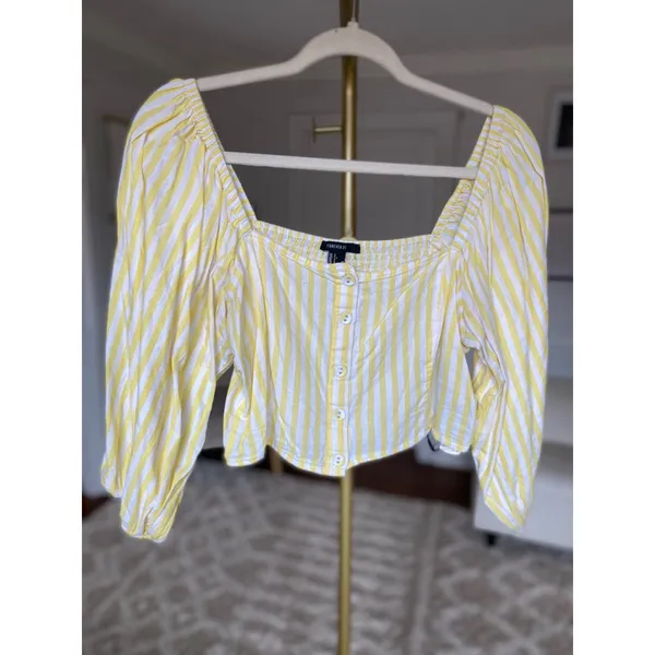Forever 21 Gingham Crop Top Puff Sleeve Cottagecore Smocked Cotton Vaca Summer L - Image 2