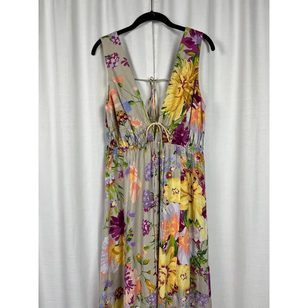 H&M Brown Purple&Pink Floral Deep V Linen&Cotton Maxi Dress Sz.M - Image 5