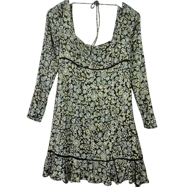 Free People Bohemian Mini Dress Black‎ Floral Babydoll Long Sleeve Womens 0 - Image 4