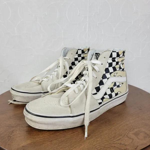 Vans Unisex Sk8 Hi Womens 9.5 Skate Cream Suede Checker‎ Flame Classic Sneaker - Image 2