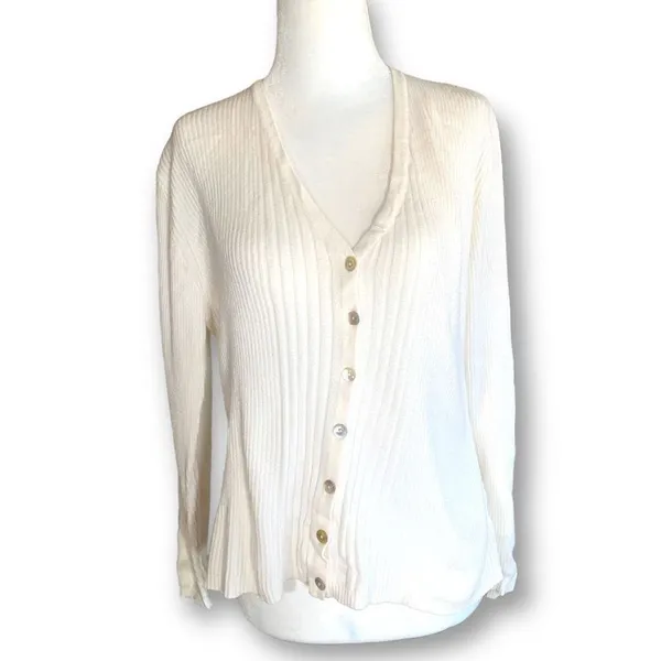 Vintage Worthington Cardigan Sweater Oatmeal Ribbed Knit V-neck Long Sleeve‎ - Image 12