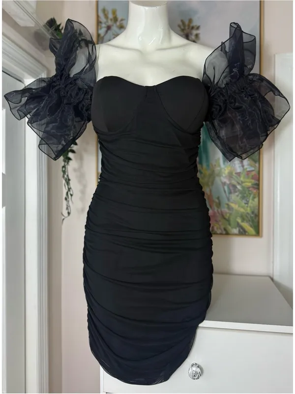 Black Ruched Bodycon Mini Dress Sweetheart Organza Ruffle Sleeves Size Small - Image 3