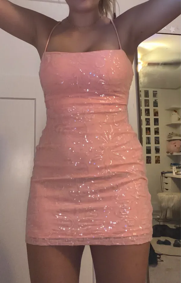 Windsor Pink Sequin Padded Lace-Up Back Mini Dress Size Medium - Image 2