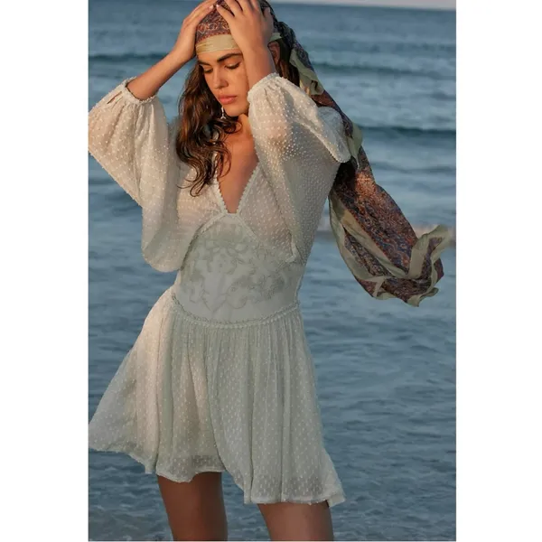 Free People Bohemian Ethereal Cottage Sweet Dreams Mini Dress Frozen Dew Medium - Image 3