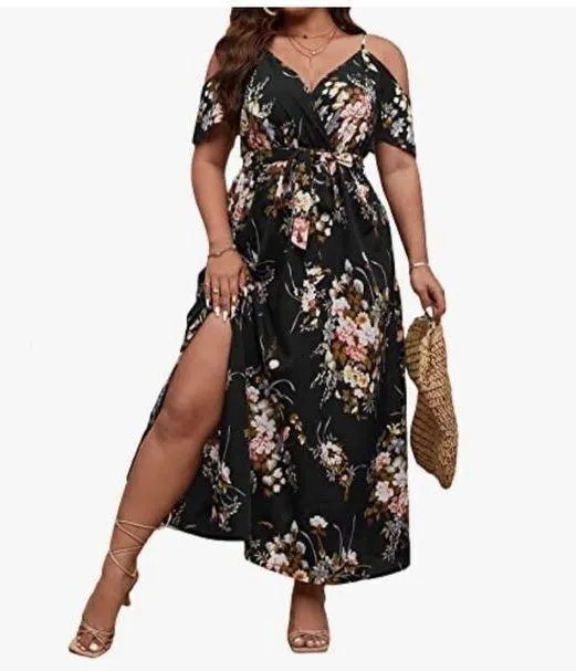 NEW Floral Cold Shoulder Short Sleeve Wrap Hem A Line Midi Dress 2X - Image 4