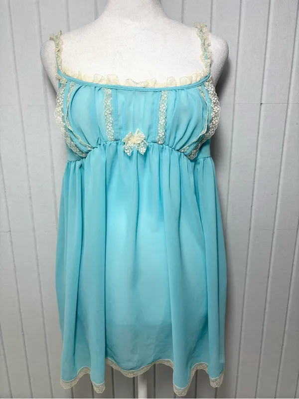 Victoria's Secret Y2K Vintage Sheer‎ Aqua Lace Trim Babydoll Chemise Brief Set - Image 2